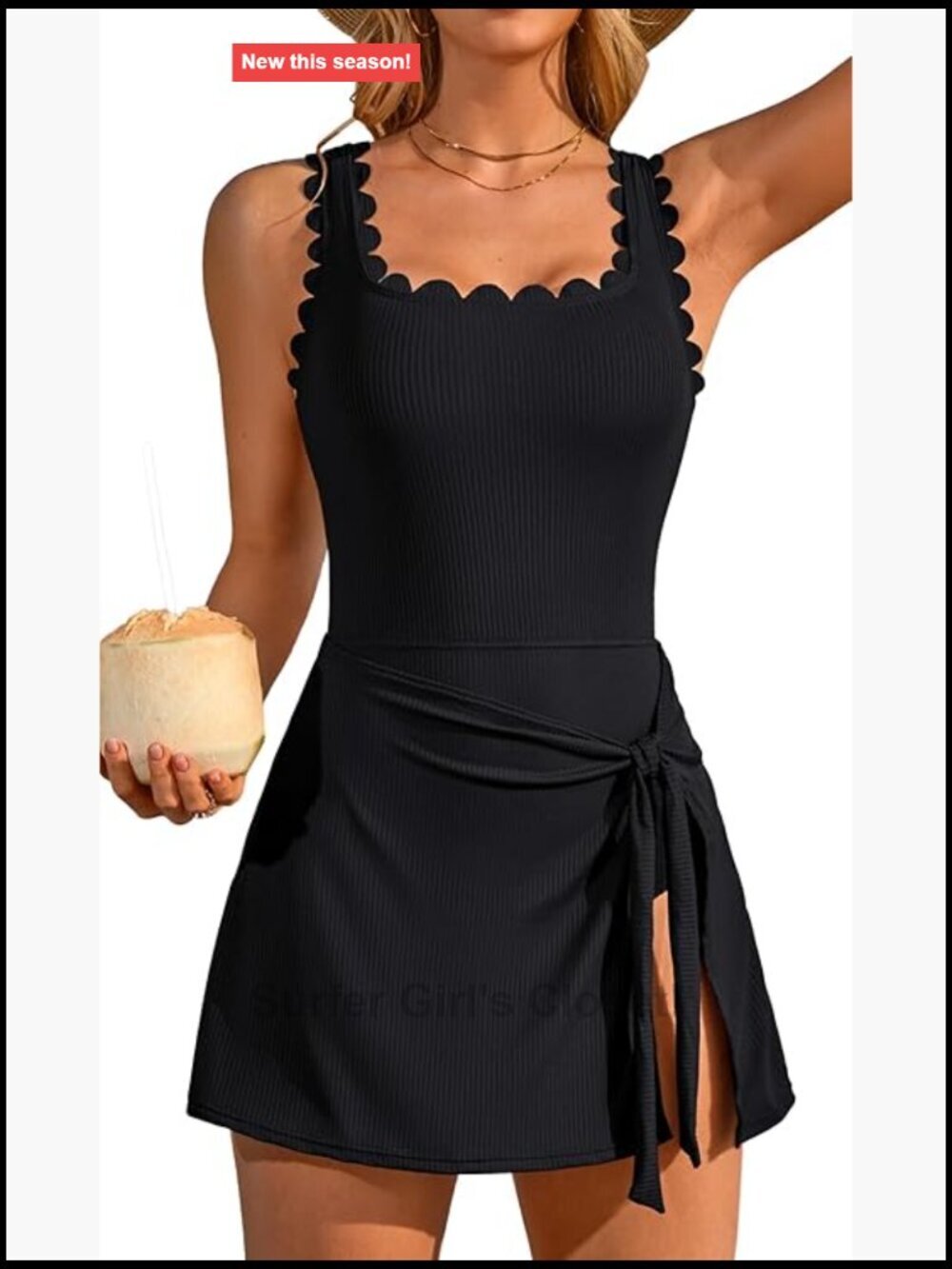 One Piece Swim Dress Scalloped Square Neck Tummy Control Bathing Suit with Skirt